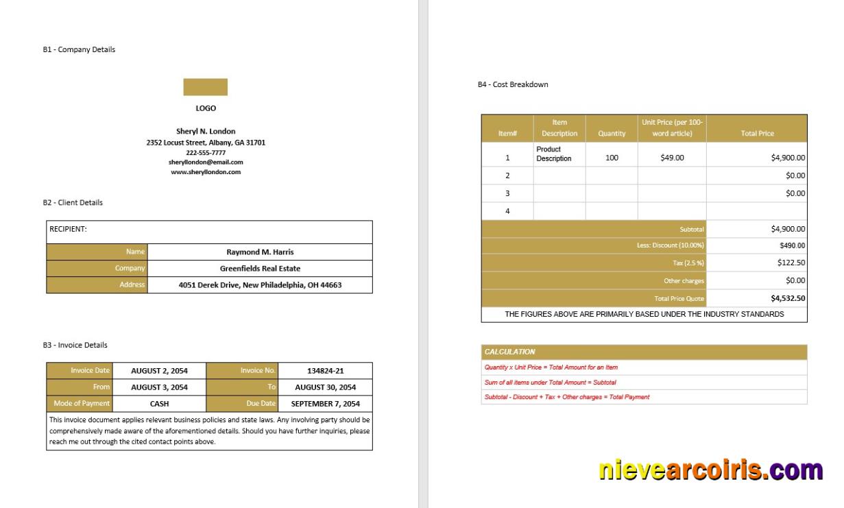 Professional Freelance Writer Invoice